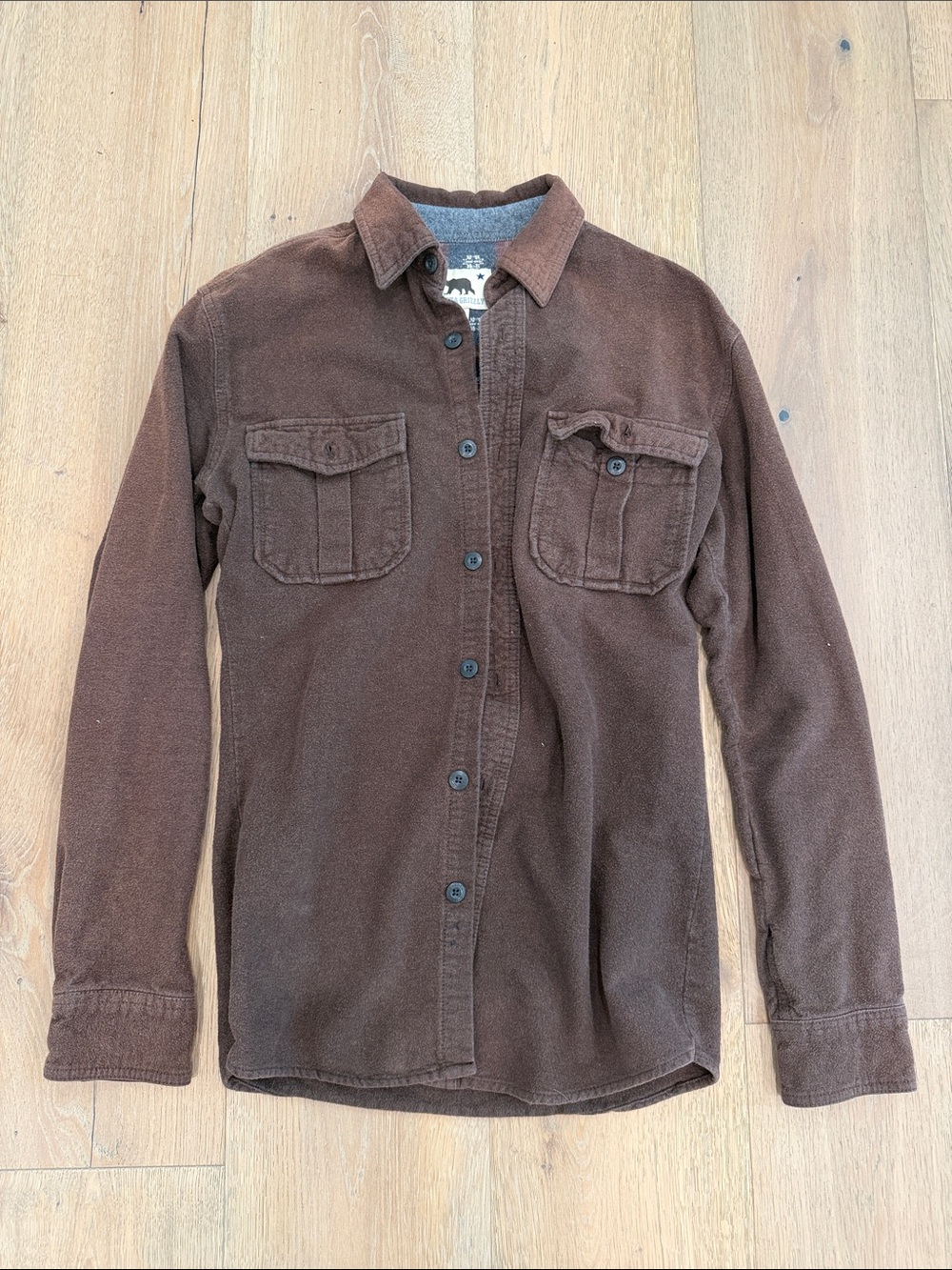 Brown Button-Up Pocket Shirt Jacket. Size Medium by Dakota Grizzly.